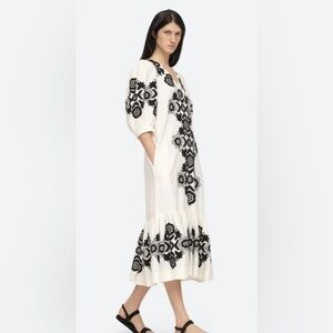 SEA New York Manuela Embroidered Puff Sleeve V-Neck Dress in Cream Size XXS